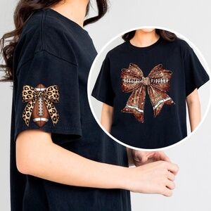 🏈 Coquette Football T-shirt 3d faux glitter bow S M L XL new Game day leopard